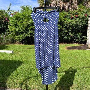 Genuine y2k 2b Bebe Blue Polka Dot Sleeveless Smocked Key Hole Dress Size M